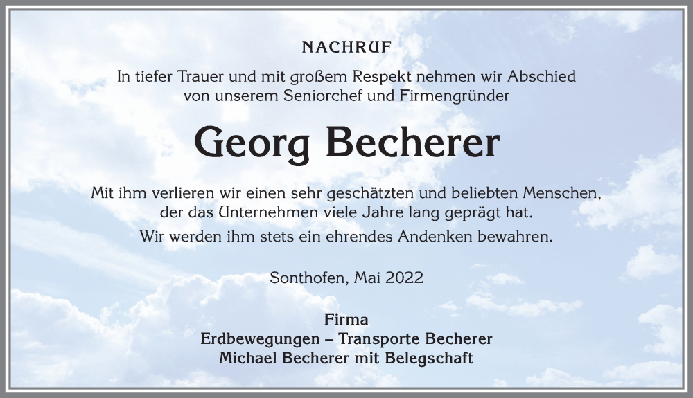  Traueranzeige für Georg Becherer vom 14.05.2022 aus Allgäuer Anzeigeblatt