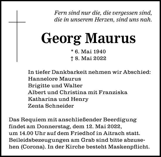 Traueranzeige von Georg Maurus von Memminger Zeitung