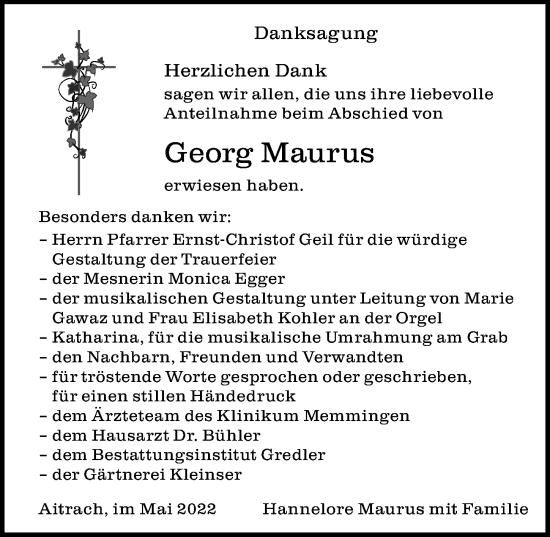 Traueranzeige von Georg Maurus von Memminger Zeitung