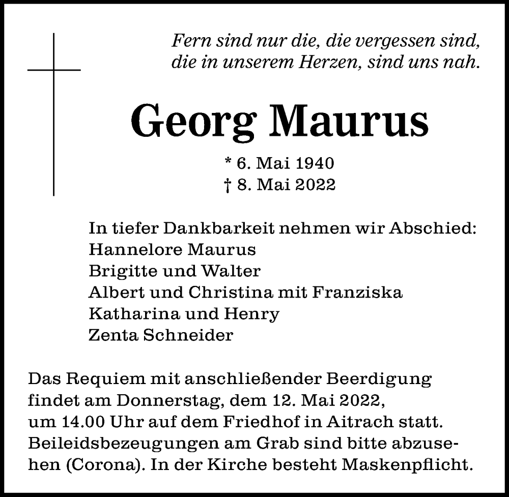  Traueranzeige für Georg Maurus vom 11.05.2022 aus Memminger Zeitung