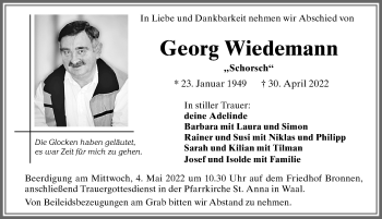 Traueranzeige von Georg Wiedemann von Allgäuer Zeitung, Kaufbeuren/Buchloe