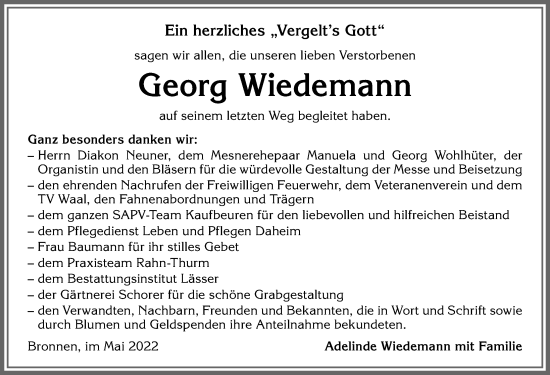 Traueranzeige von Georg Wiedemann von Allgäuer Zeitung, Kaufbeuren/Buchloe