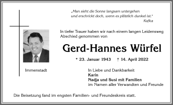 Traueranzeige von Gerd-Hannes Würfel von Allgäuer Anzeigeblatt
