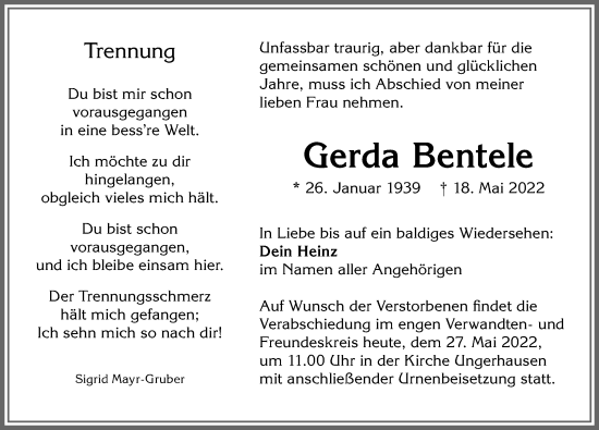 Traueranzeige von Gerda Bentele von Memminger Zeitung