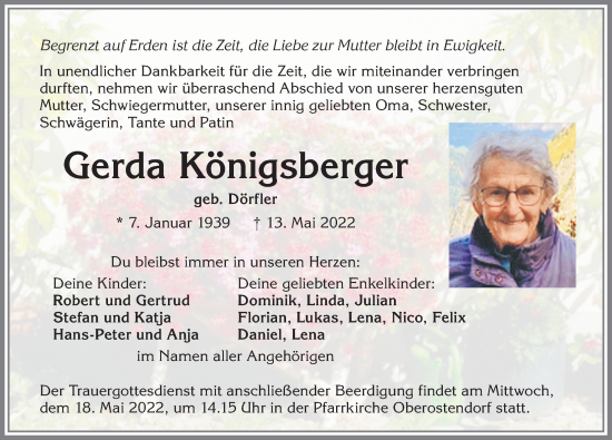Traueranzeige von Gerda Königsberger von Allgäuer Zeitung, Kaufbeuren/Buchloe