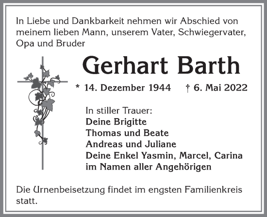Traueranzeige von Gerhart Barth von Allgäuer Zeitung, Kaufbeuren/Buchloe
