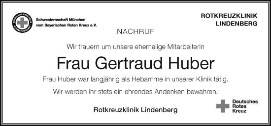 Traueranzeige von Gertraud Huber von Der Westallgäuer