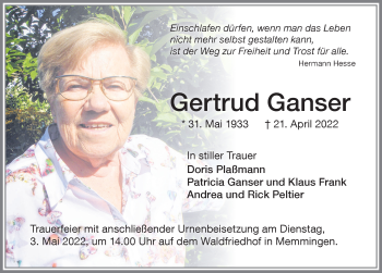 Traueranzeige von Gertrud Ganser von Memminger Zeitung