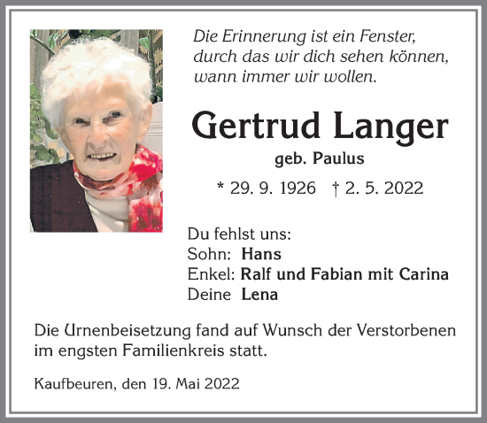 Traueranzeige von Gertrud Langer von Allgäuer Zeitung, Kaufbeuren/Buchloe