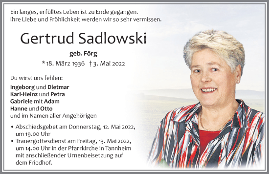 Traueranzeige von Gertrud Sadlowski von Memminger Zeitung