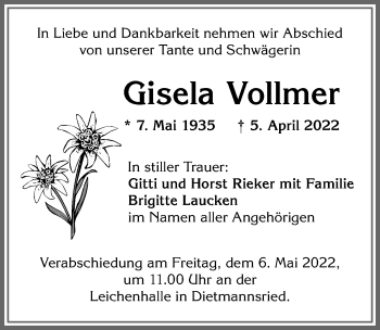 Traueranzeige von Gisela Vollmer von Allgäuer Zeitung,Kempten