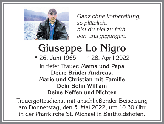 Traueranzeige von Giuseppe Lo Nigro von Allgäuer Zeitung, Marktoberdorf