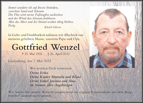 Traueranzeige von Gottfried Wenzel von Der Westallgäuer