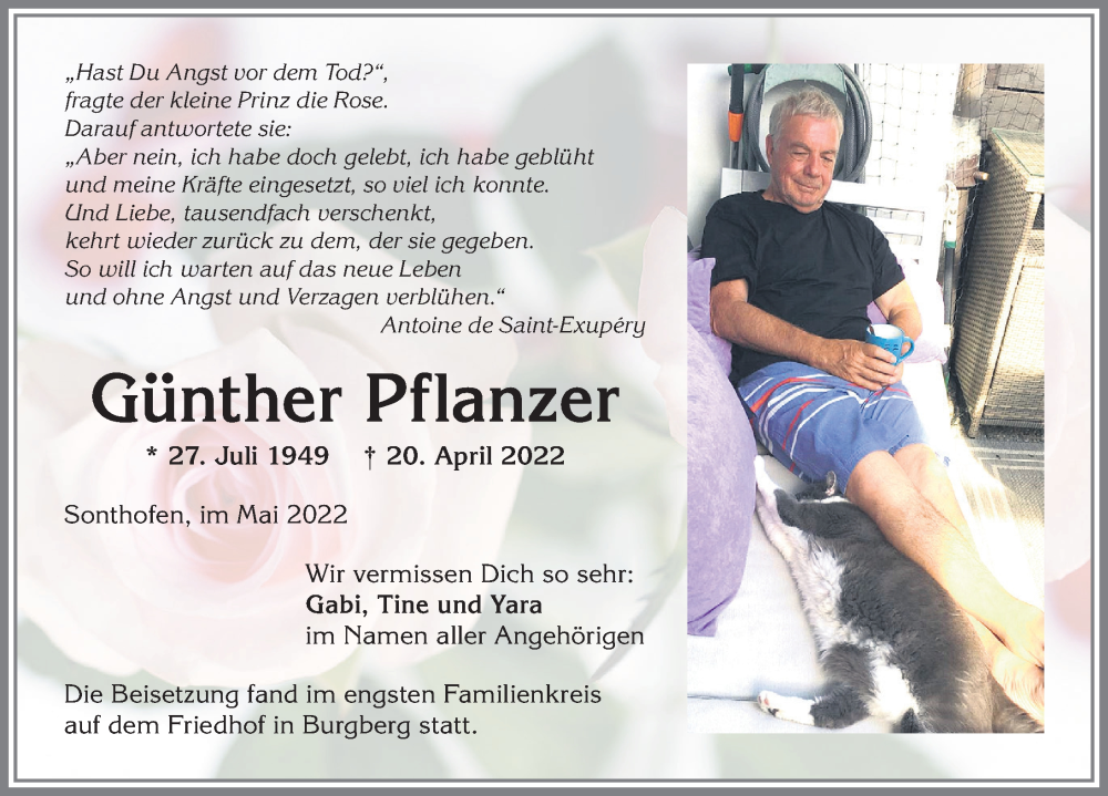  Traueranzeige für Günther Pflanzer vom 07.05.2022 aus Allgäuer Anzeigeblatt
