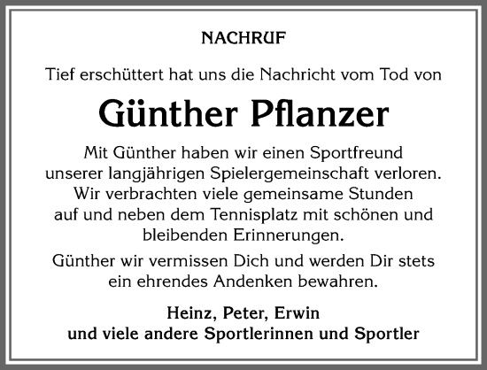 Traueranzeige von Günther Pflanzer von Allgäuer Anzeigeblatt