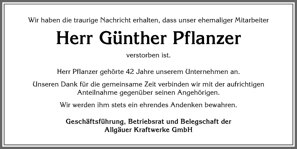  Traueranzeige für Günther Pflanzer vom 07.05.2022 aus Allgäuer Anzeigeblatt