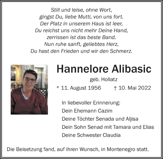 Traueranzeige von Hannelore Alibasic von Der Westallgäuer