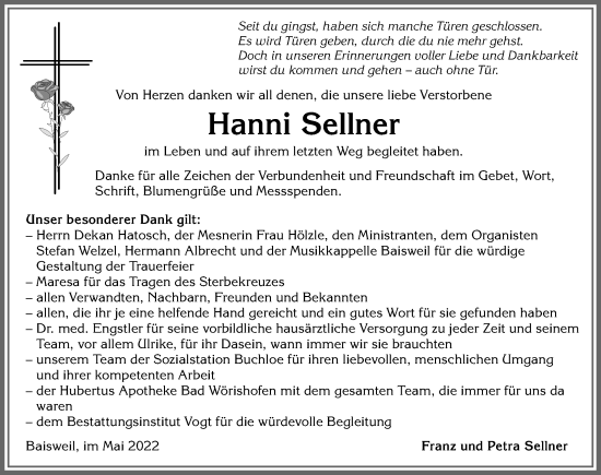 Traueranzeige von Hanni Sellner von Allgäuer Zeitung, Kaufbeuren/Buchloe