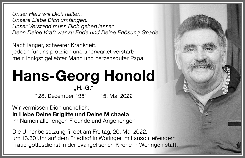  Traueranzeige für Hans-Georg Honold vom 18.05.2022 aus Memminger Zeitung