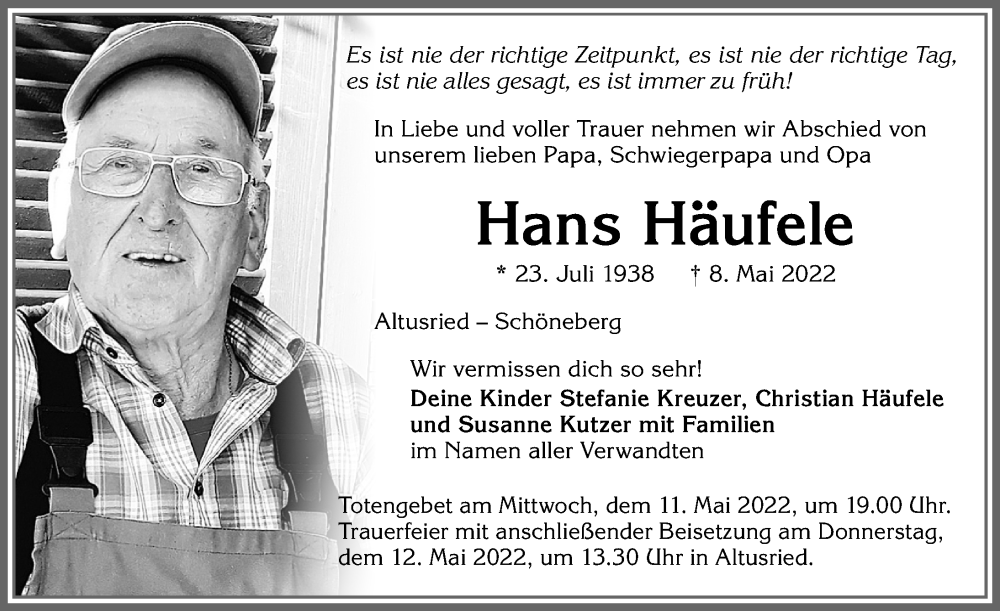 Traueranzeige für Hans Häufele vom 10.05.2022 aus Allgäuer Zeitung,Kempten