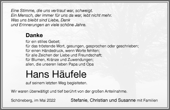 Traueranzeige von Hans Häufele von Allgäuer Zeitung,Kempten