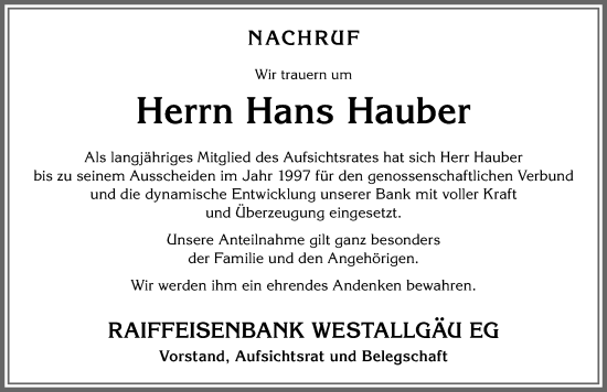 Traueranzeige von Hans Hauber von Allgäuer Anzeigeblatt