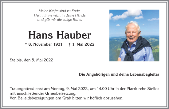 Traueranzeige von Hans Hauber von Allgäuer Anzeigeblatt