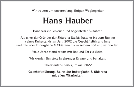 Traueranzeige von Hans Hauber von Allgäuer Anzeigeblatt
