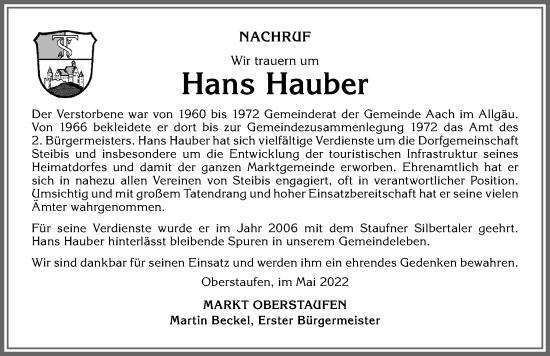 Traueranzeige von Hans Hauber von Allgäuer Anzeigeblatt