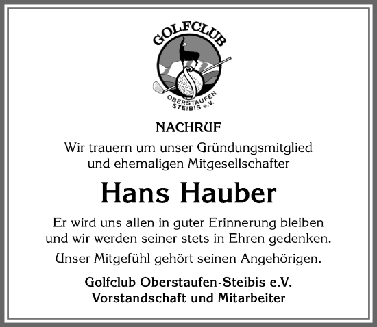 Traueranzeige von Hans Hauber von Allgäuer Anzeigeblatt