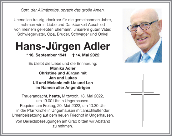 Traueranzeige von Hans-Jürgen Adler von Memminger Zeitung