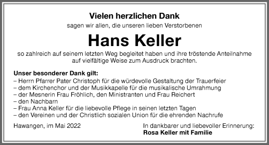 Traueranzeige von Hans Keller von Memminger Zeitung