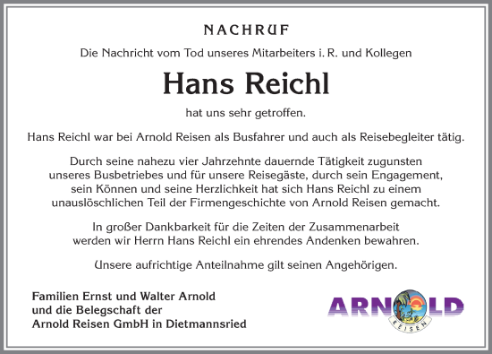 Traueranzeige von Hans Reichl von Allgäuer Zeitung, Marktoberdorf