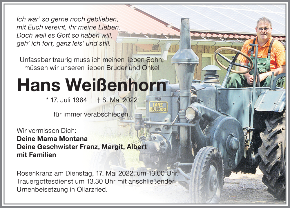  Traueranzeige für Hans Weißenhorn vom 14.05.2022 aus Memminger Zeitung