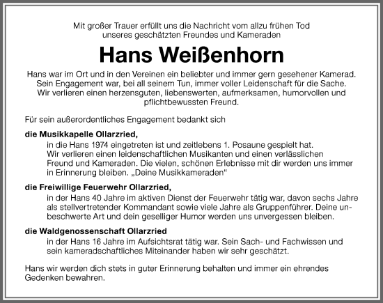 Traueranzeige von Hans Weißenhorn von Memminger Zeitung