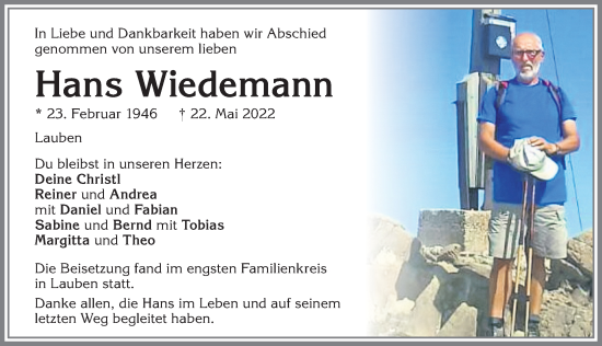 Traueranzeige von Hans Wiedemann von Allgäuer Zeitung,Kempten