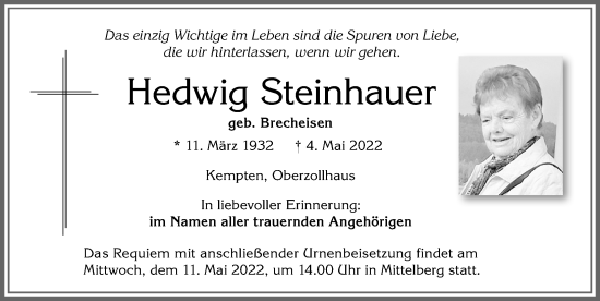 Traueranzeige von Hedwig Steinhauer von Allgäuer Zeitung,Kempten