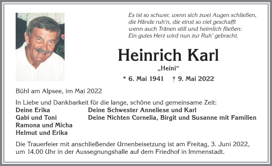 Traueranzeige von Heinrich Karl von Allgäuer Anzeigeblatt