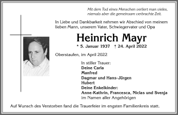 Traueranzeige von Heinrich Mayr von Allgäuer Anzeigeblatt