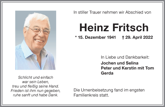 Traueranzeige von Heinz Fritsch von Memminger Zeitung