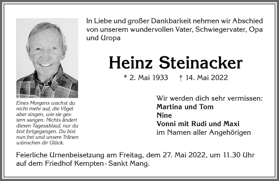 Traueranzeige von Heinz Steinacker von Allgäuer Zeitung, Füssen