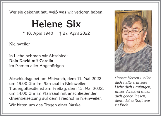 Traueranzeige von Helene Six von Allgäuer Zeitung,Kempten