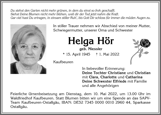 Traueranzeige von Helga Hör von Allgäuer Zeitung, Kaufbeuren/Buchloe