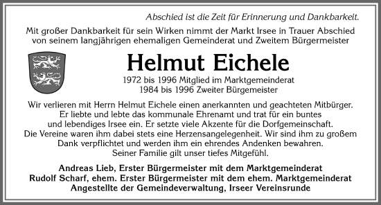 Traueranzeige von Helmut Eichele von Allgäuer Zeitung, Kaufbeuren/Buchloe