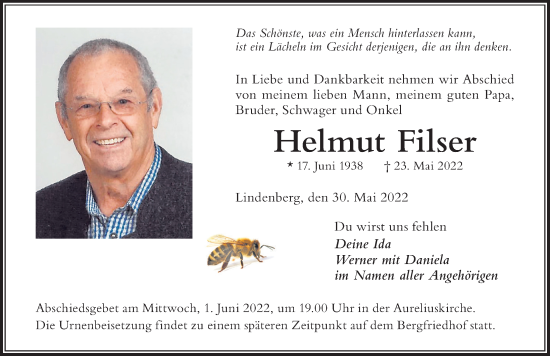 Traueranzeige von Helmut Filser von Der Westallgäuer