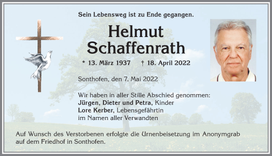 Traueranzeige von Helmut Schaffenrath von Allgäuer Anzeigeblatt