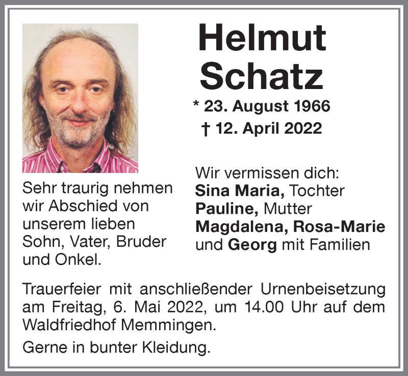  Traueranzeige für Helmut Schatz vom 03.05.2022 aus Allgäuer Zeitung,Kempten