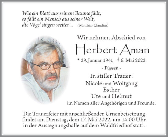 Traueranzeige von Herbert Aman von Allgäuer Zeitung, Füssen