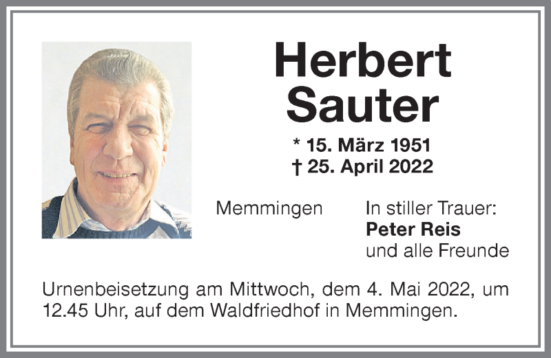  Traueranzeige für Herbert Sauter vom 30.04.2022 aus Memminger Zeitung