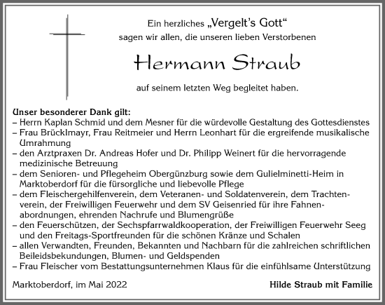 Traueranzeige von Hermann Straub von Allgäuer Zeitung, Marktoberdorf